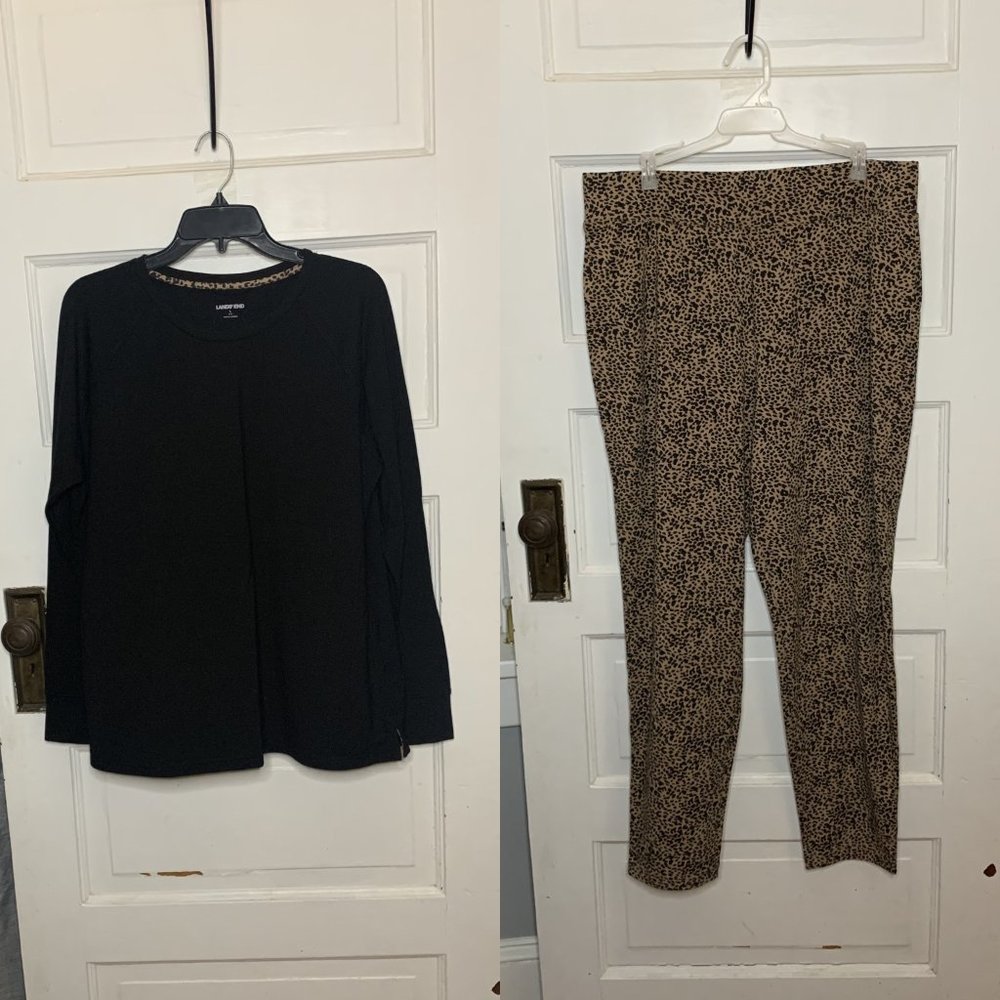 Lands' End Pajama Set Cheetah Print Stretchy Pants Black Shirt Plus Size L 14-16